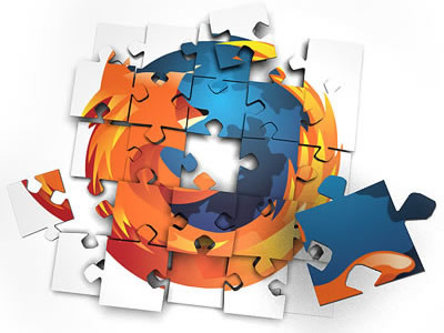 The firefox logo, which is a fox circling the earth is pictured as pieces of a puzzle